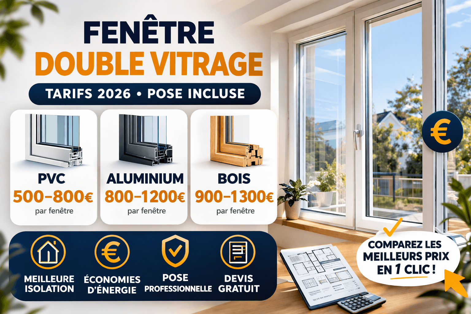 Prix fenêtre double vitrage : tarif réel 2026 (pose incluse + exemples)
